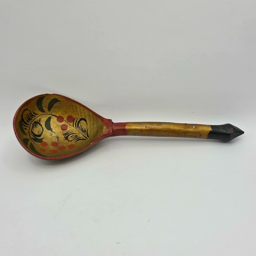Khokhloma Russian Wooden Spoon Red Gold Black Hand Painted Folk Art USSR 7"